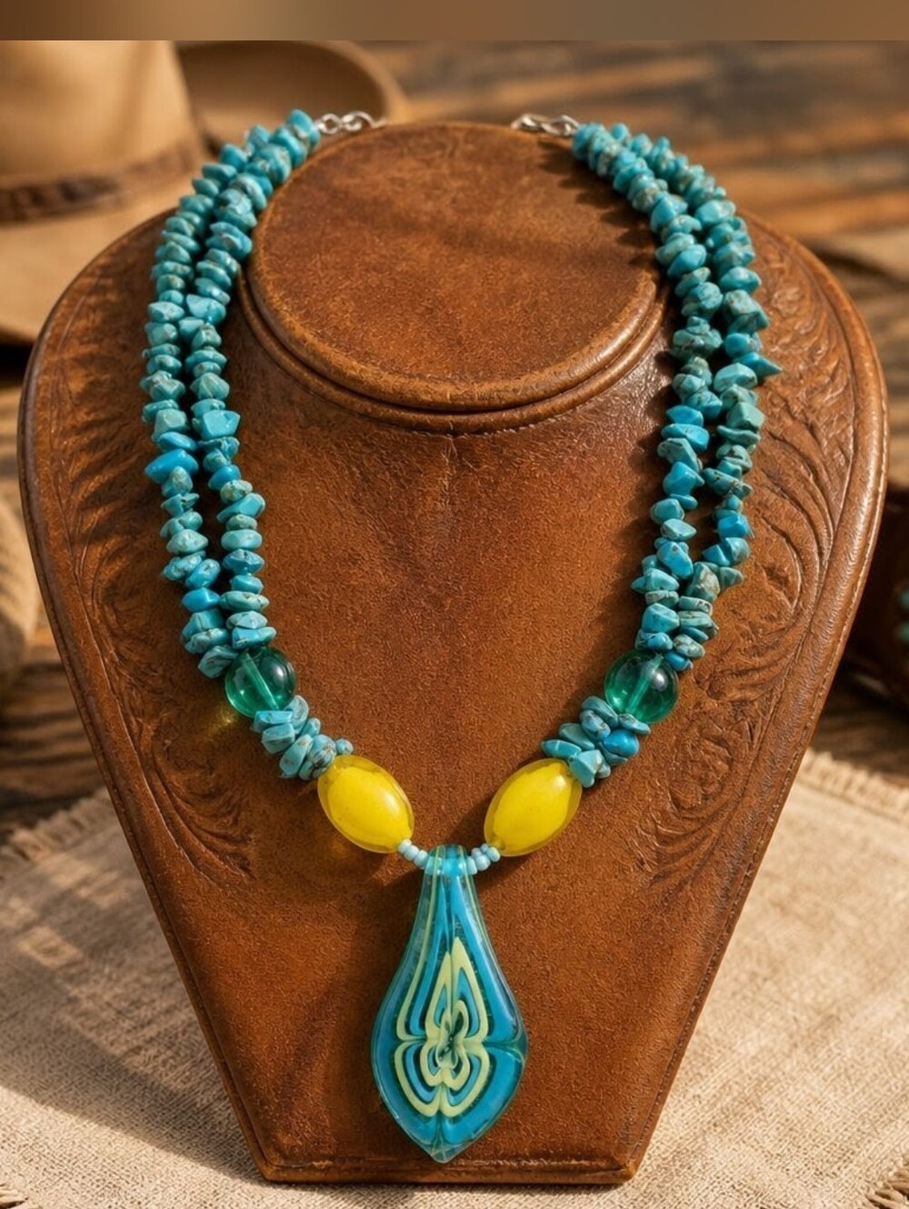 Turquoise Chip Necklace with Yellow & Teal Glass Pendant